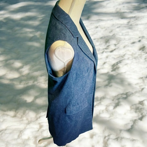 MICHAEL Michael Kors Linen-Blend Collared Longline Vest in Indigo Blue Size 6 - Picture 10 of 12